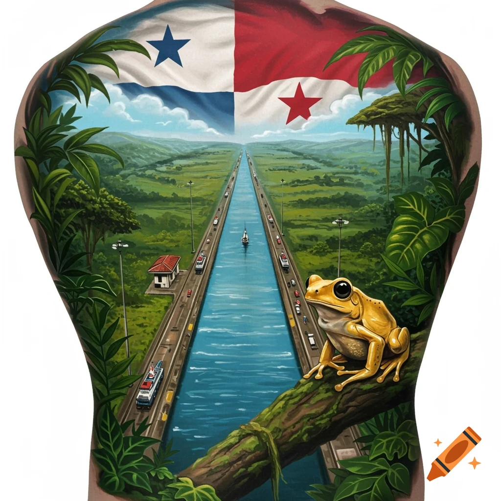 Panama-themed tattoo design featuring the Canal, flag, jungle, and a golden frog.