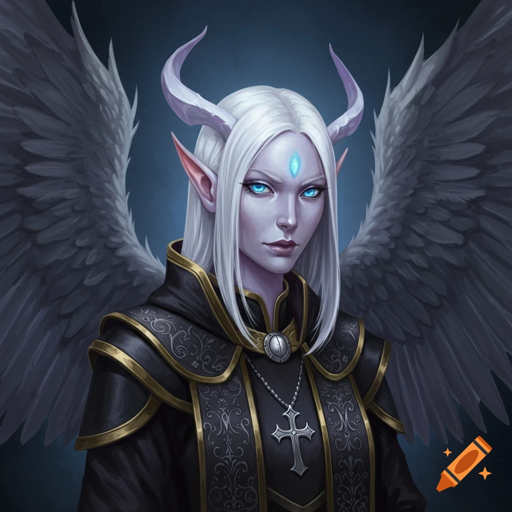A female fantasy character with white hair, horns, wings, blue eyes, and a cross necklace.