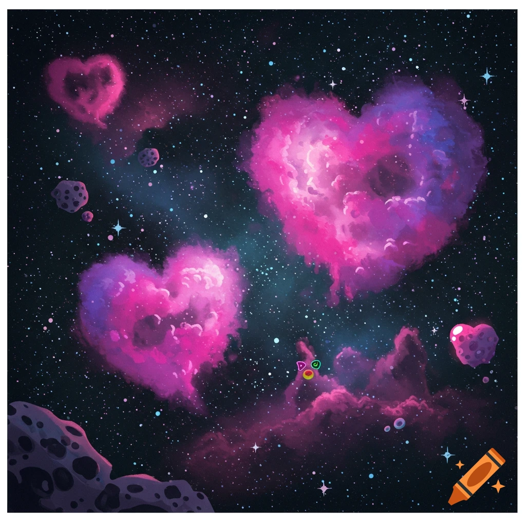 Heart-shaped nebulas and asteroids in outer space
