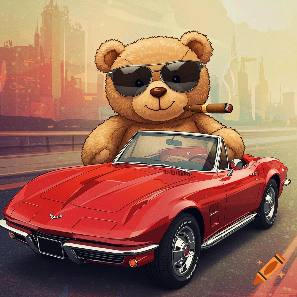 Pop art of a cool teddy bear with sunglasses and a cigar driving a red Corvette through a city.