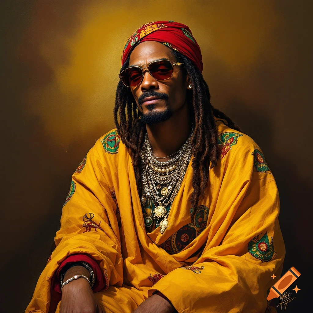 A person resembling Snoop Dogg in traditional yellow Ethiopian clothing, red head wrap, and jewelry.
