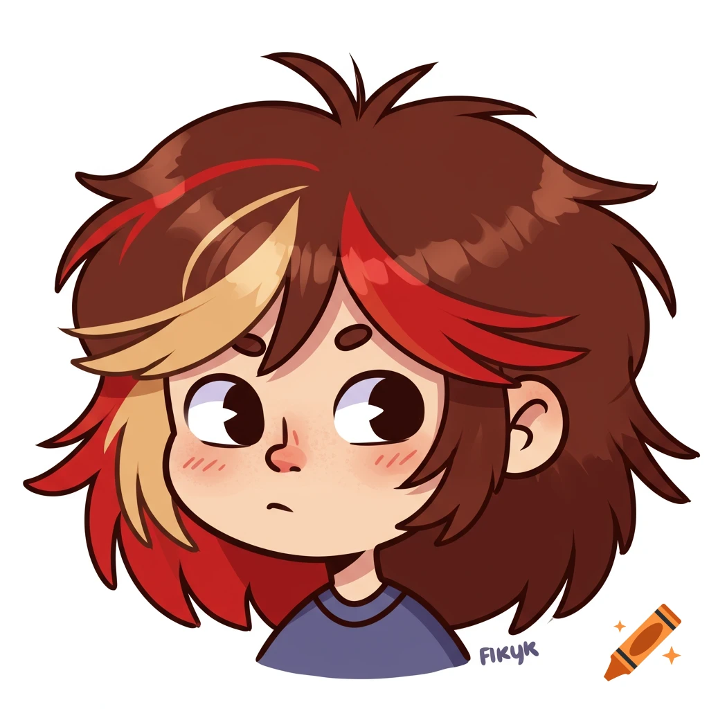 Cartoon portrait of a person with brown hair with red and blonde streaks.