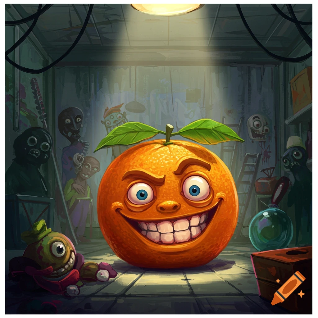 Creepy cartoon orange with a wide grin in a backroom with eerie figures, digital art.