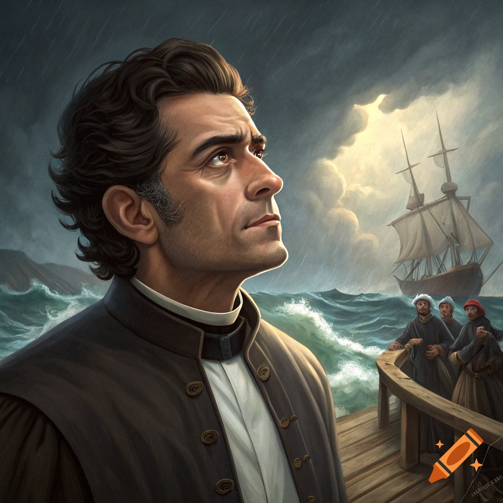 Man in historical clothing looks up at stormy sky by the sea with a ship and figures on a dock.