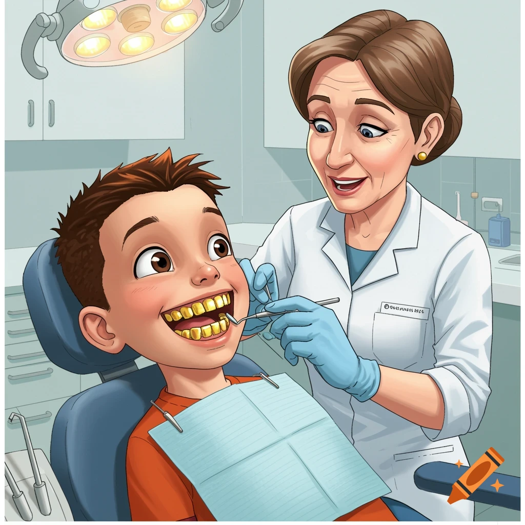 Cartoon illustration of a dentist examining a young boy with gold teeth in a chair.