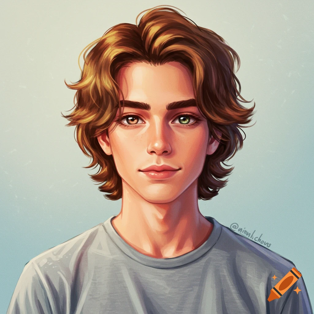 Portrait of a young man with brown wavy hair and heterochromatic eyes ...