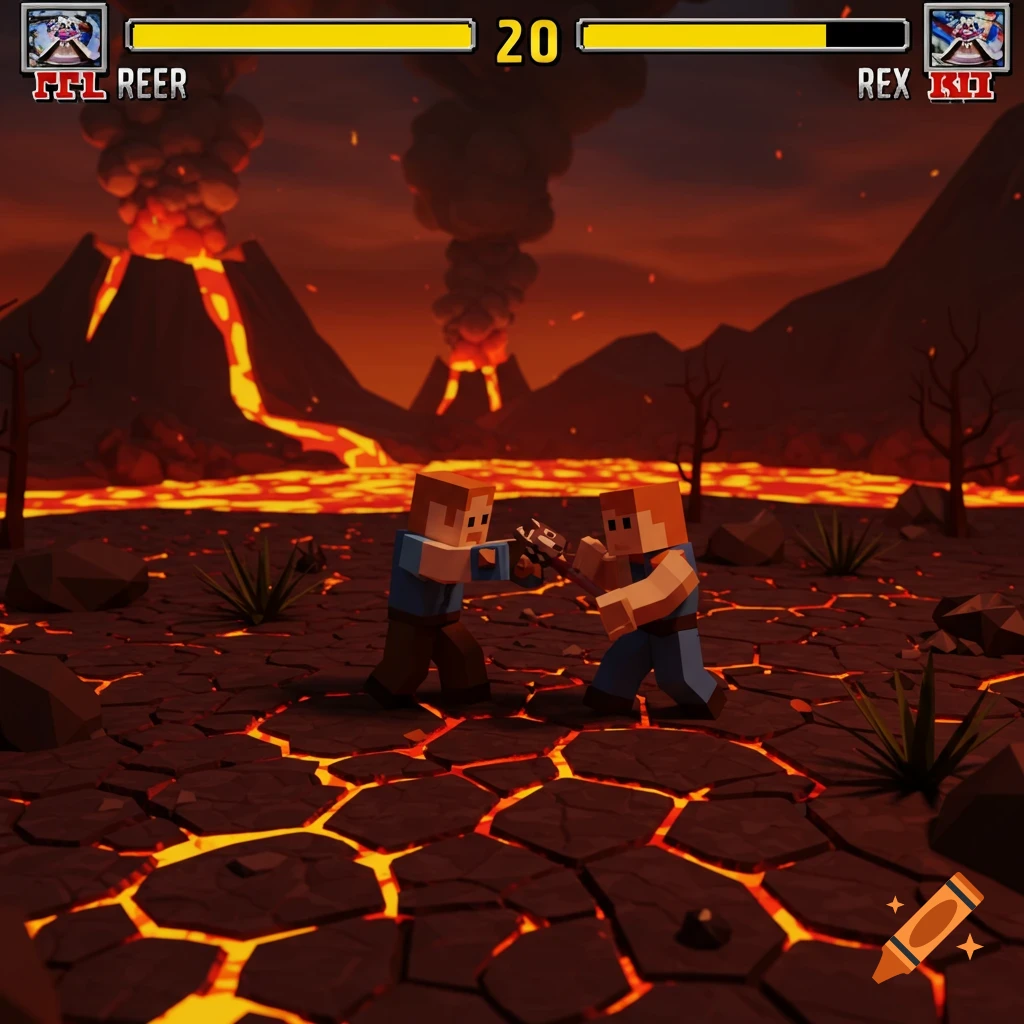 Two blocky characters fight on cracked volcanic ground with lava and erupting volcanoes in the background. A fighting game UI is at the top.