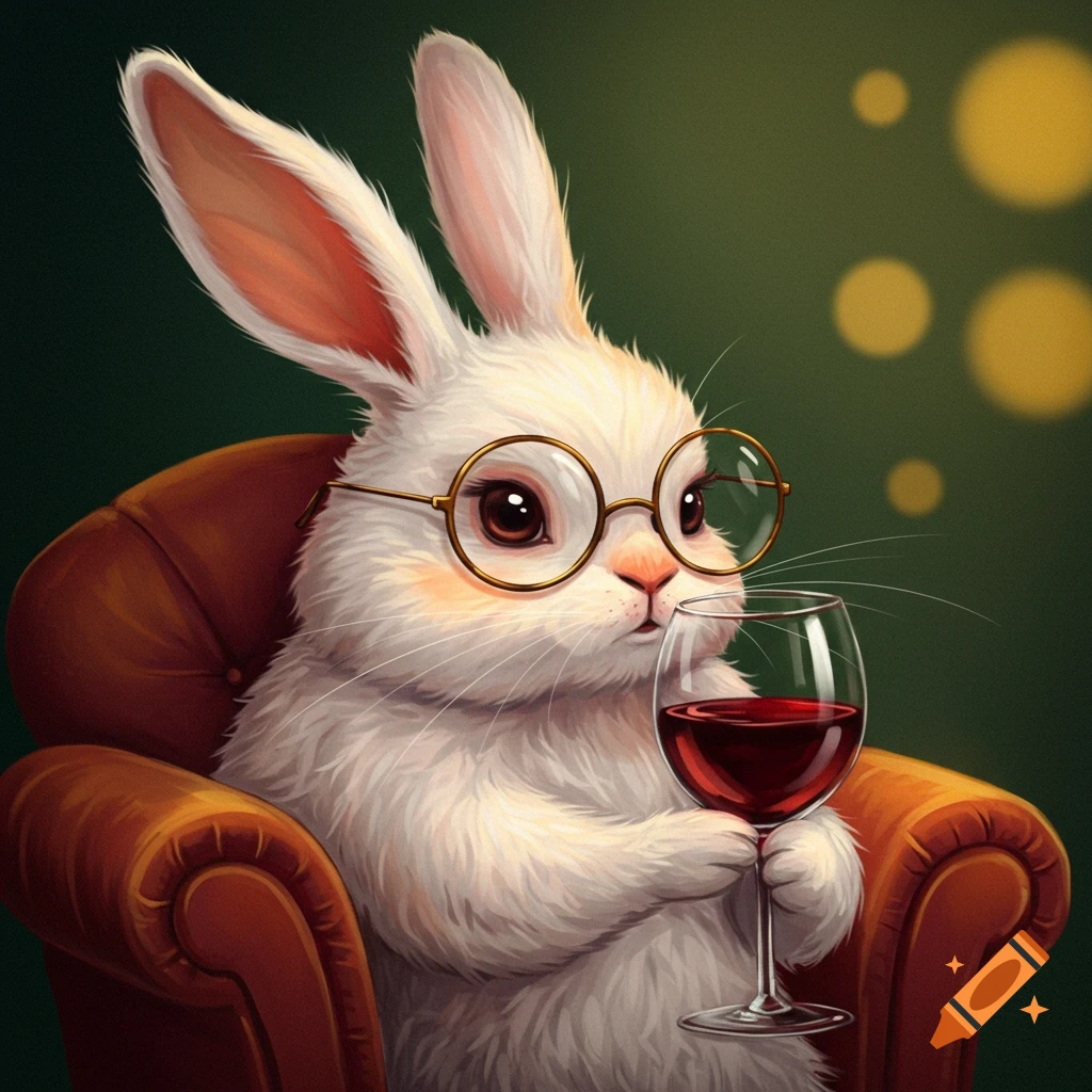 A white rabbit with glasses sits in a chair, holding a glass of red wine.