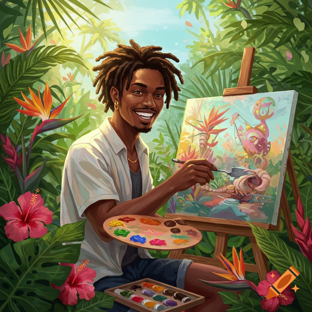 A smiling black man with dreadlocks painting a vibrant tropical scene on an easel, surrounded by lush foliage and flowers.