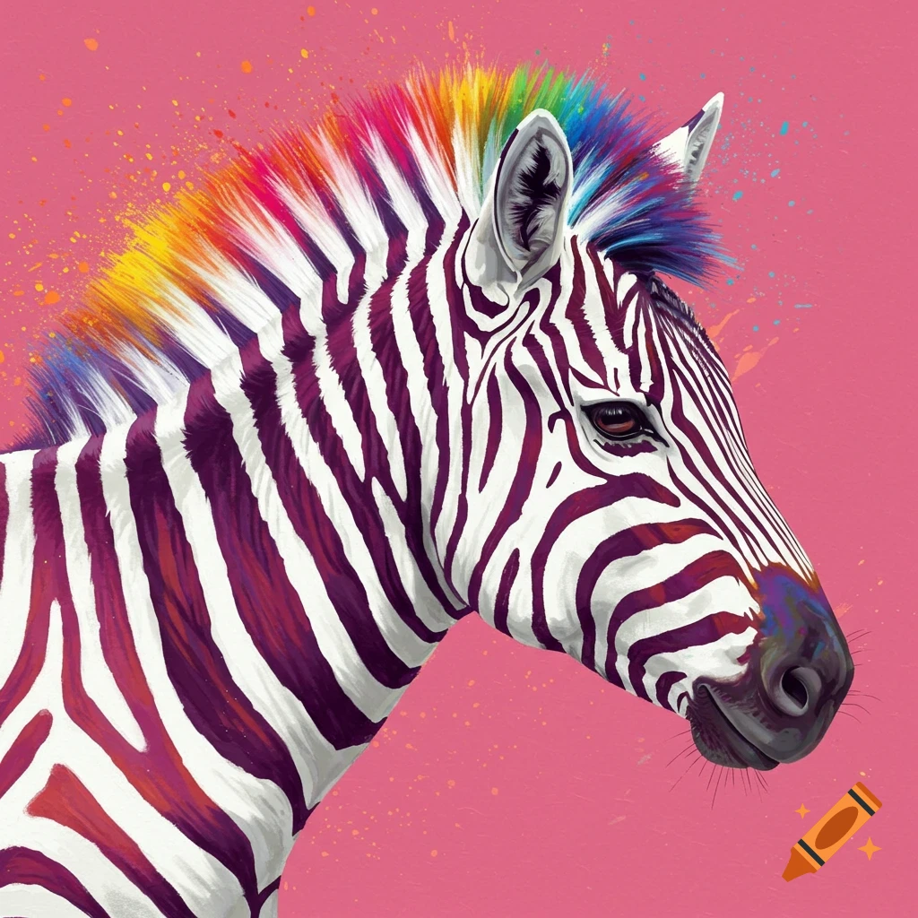 A zebra head in profile with a rainbow colored mane and purple stripes on a pink background.