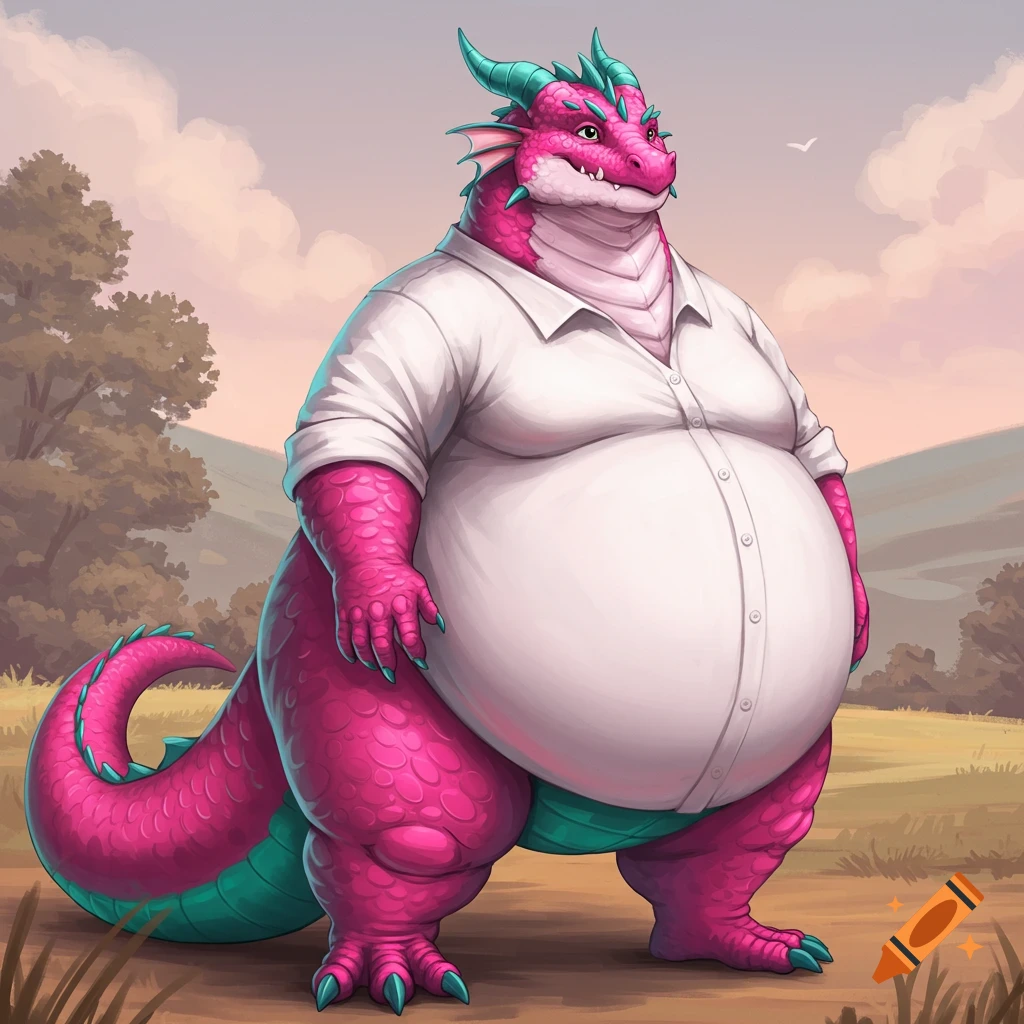 A fat pink dragon wearing a white shirt stands in a field.