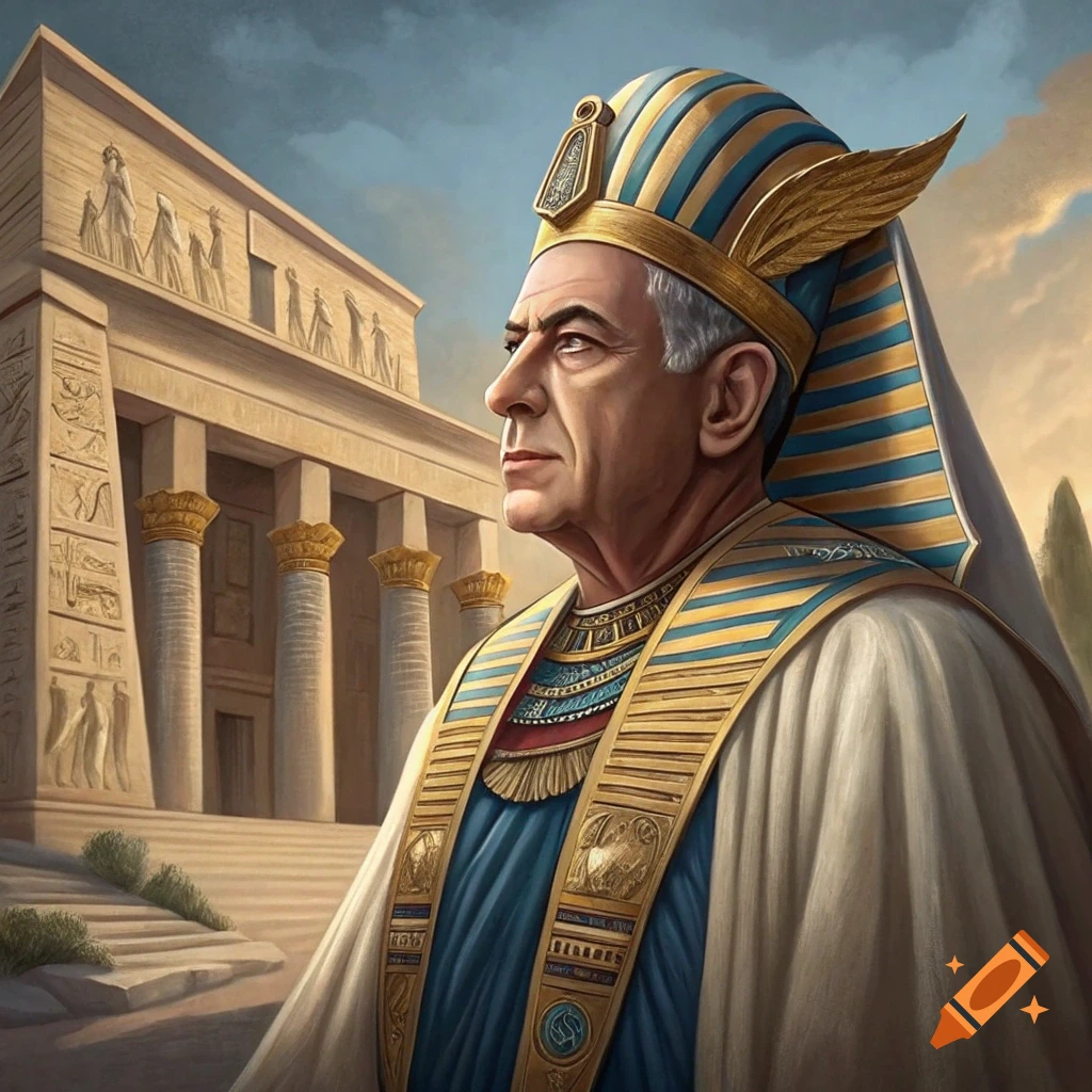A man resembling Netanyahu dressed as a pharaoh stands before an Egyptian temple.