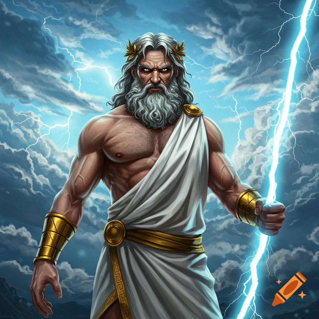 The Greek god Zeus holds a lightning bolt against a stormy sky.