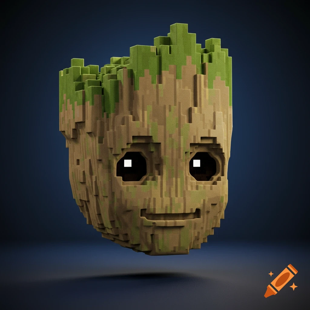 A 3D pixelated, voxel-style head of Groot floating against a dark background.