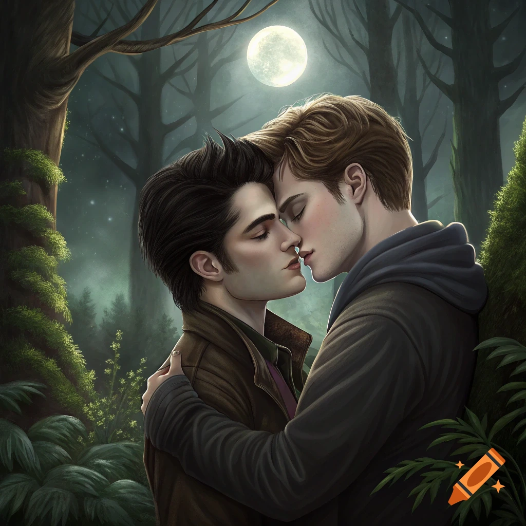 Two men kiss deeply in a moonlit forest, illustration.