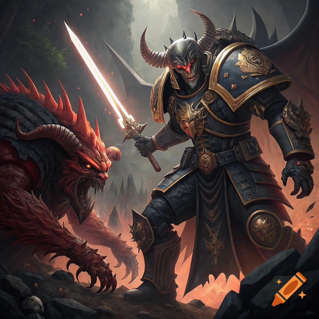 Armored warrior with glowing sword battles a red demon in a dark fantasy landscape