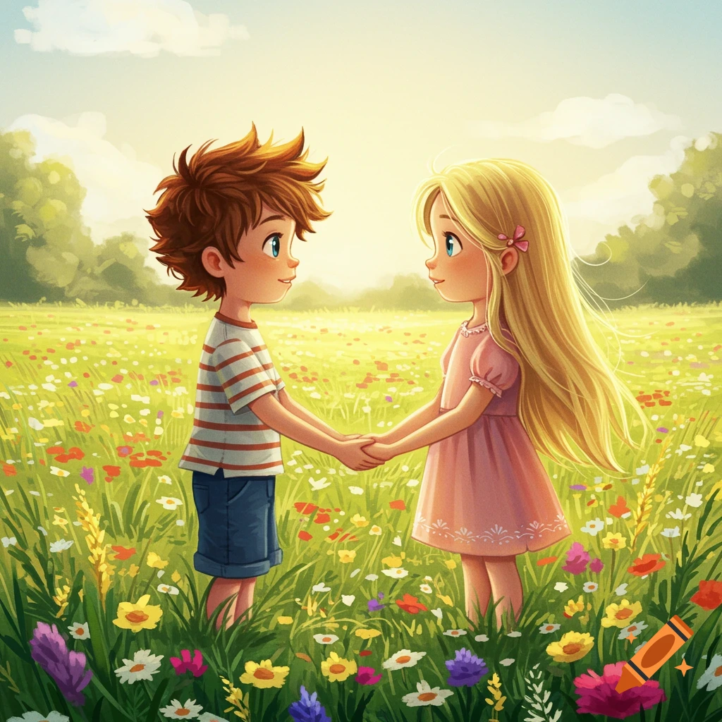 A whimsical image of a boy and girl holding hands in a sun-drenched meadow with wildflowers.
