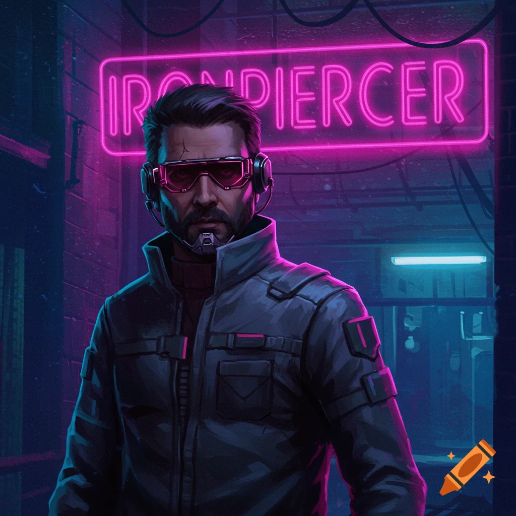 A man in a cyberpunk uniform stands in front of a neon sign that reads IRONPIERCER.