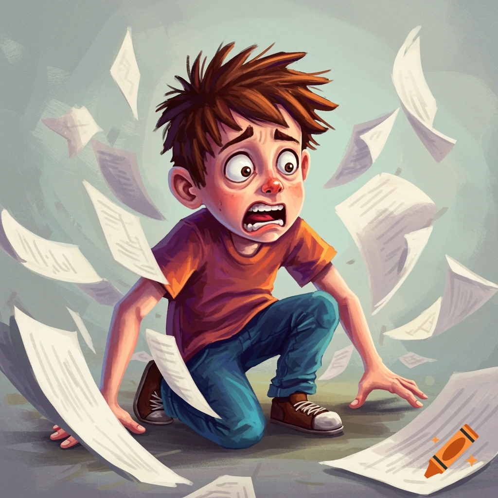 Cartoon of a scared boy crouching with papers flying around him.