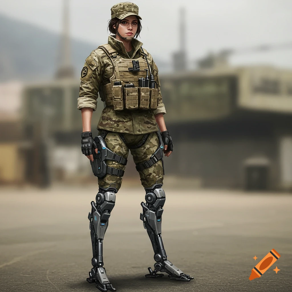 A female soldier in fatigues with robotic legs stands outside.