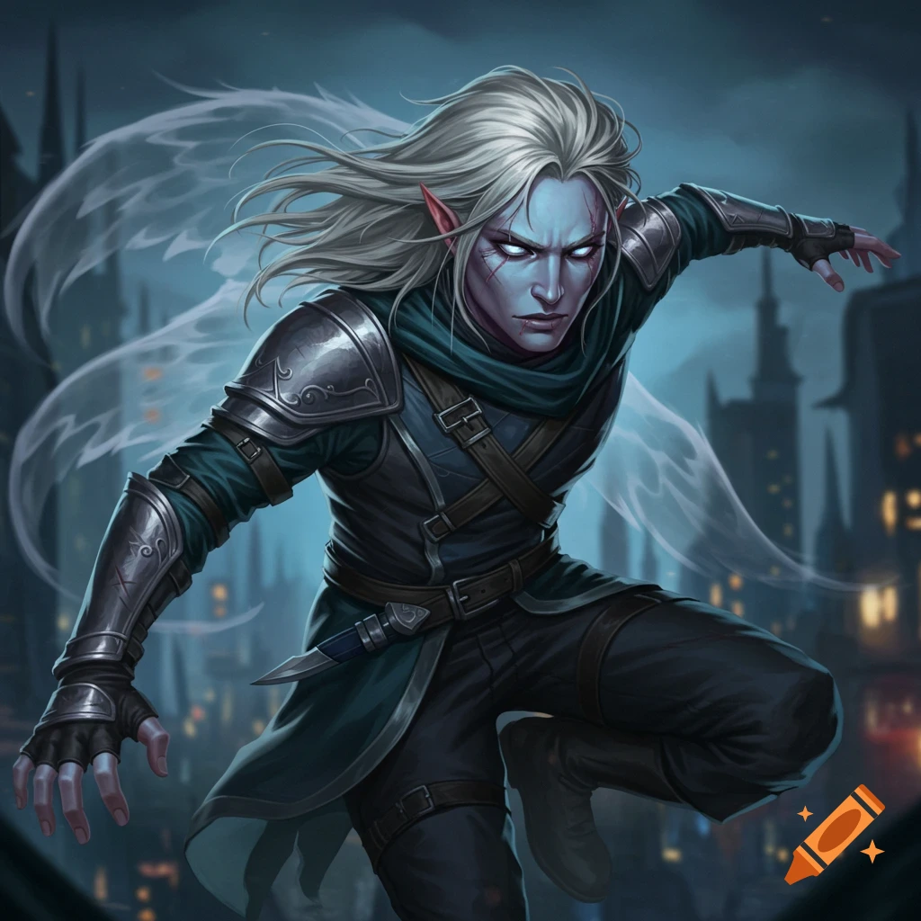 A fantasy vigilante with light blue skin, white eyes, grey hair, and armor is depicted in a dynamic pose against a city background at night.