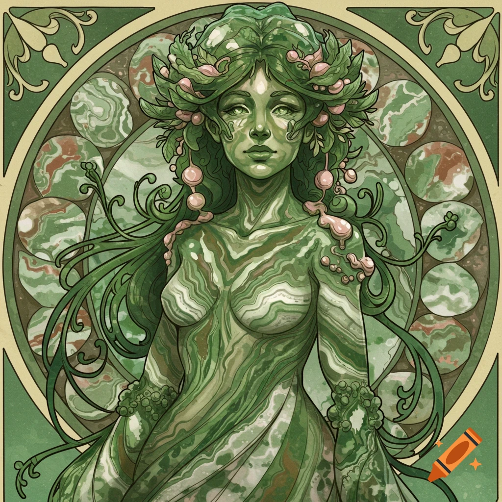 Art Nouveau depiction of a woman with moss agate skin and hair