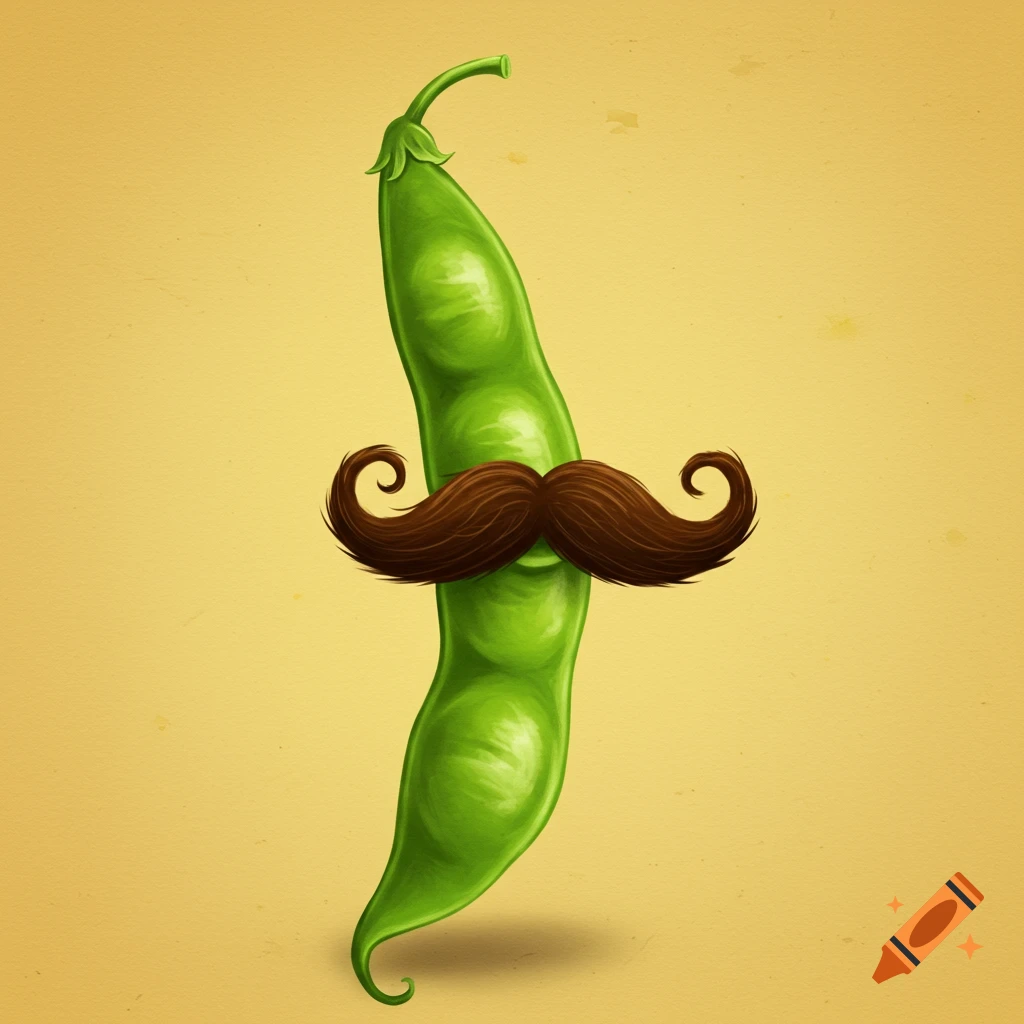 A green pea pod with a large mustache is on a yellow background.