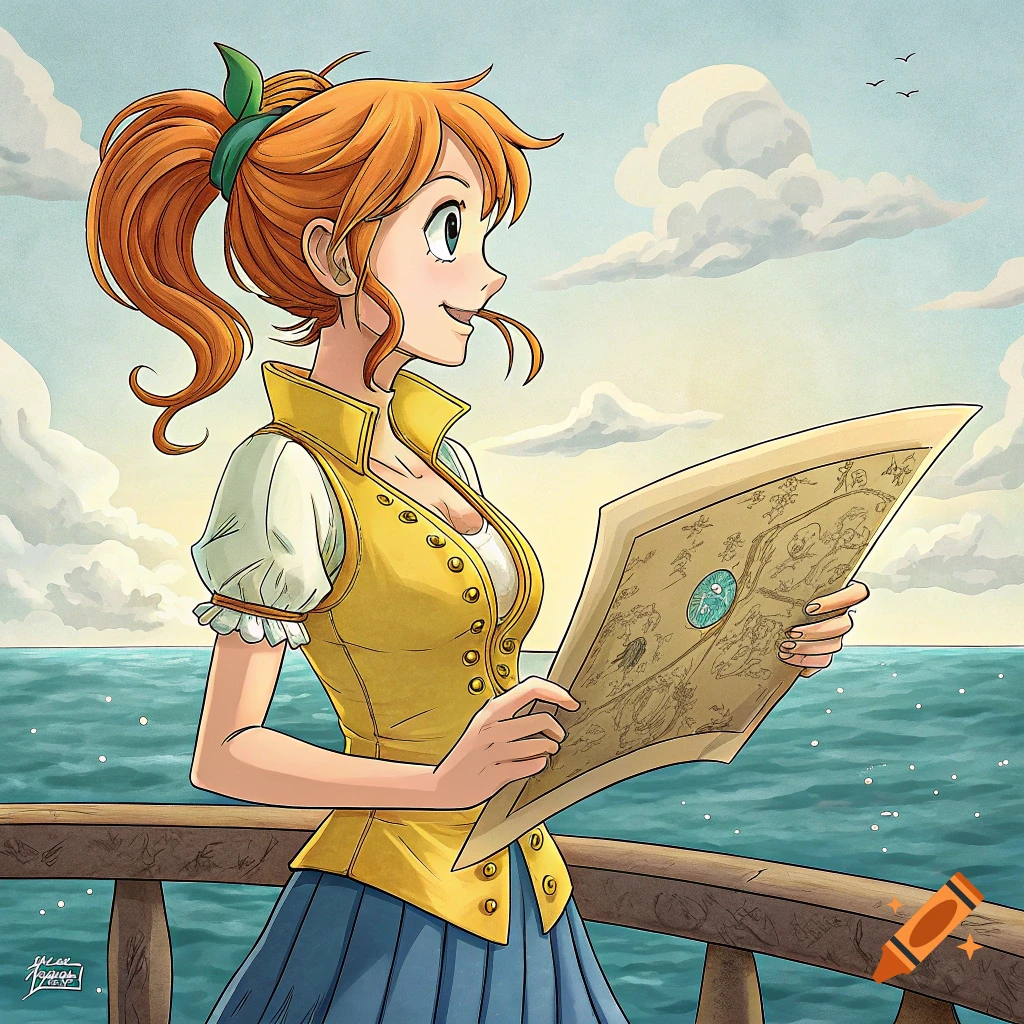 Anime girl on a boat looks at a map