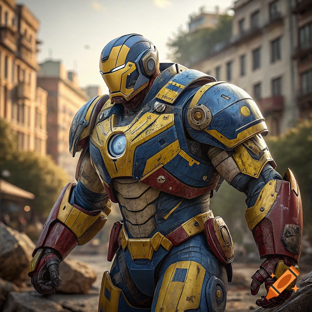 Cinematic blue and yellow robotic superhero armor stands in a damaged city street.
