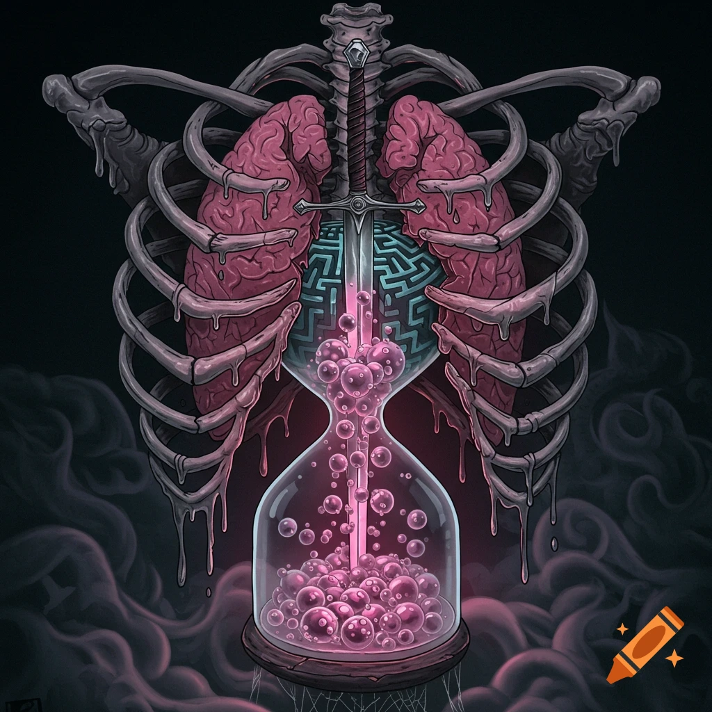 Stylized dark fantasy illustration of a skeleton torso with internal organs, a sword, and an hourglass.
