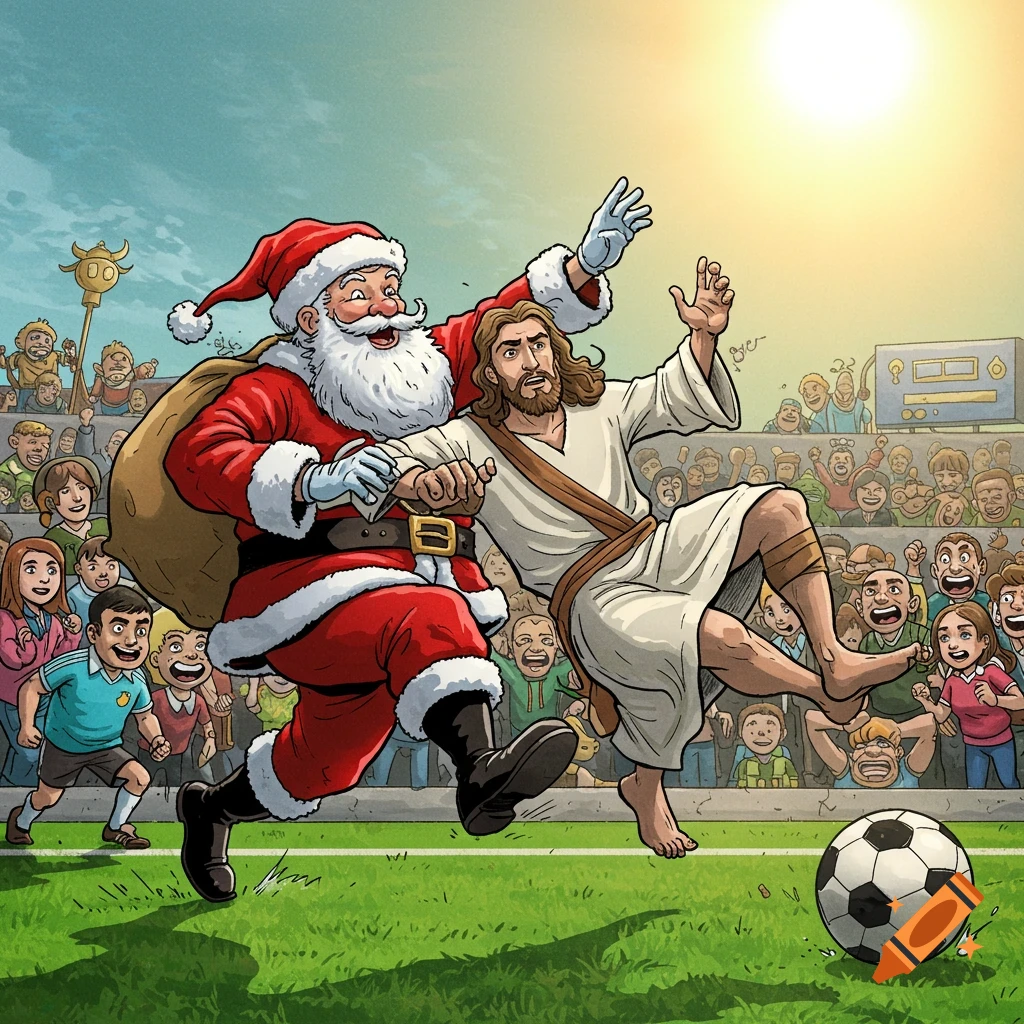 Santa Claus is tackling Jesus during a soccer game.