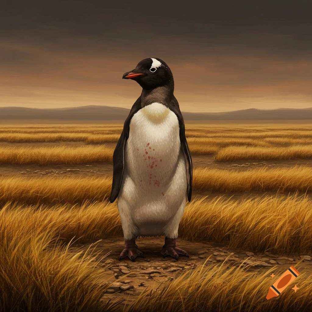 A penguin stands in a field of dry grass under a cloudy sky.