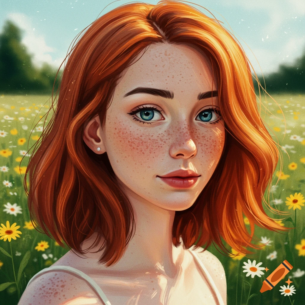 A young woman with red hair and freckles in a field of flowers.