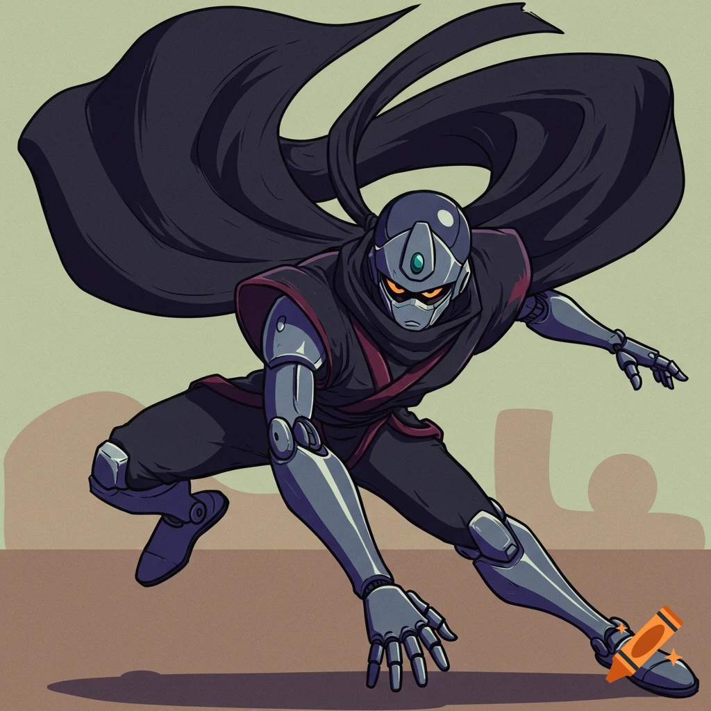 A retro anime style illustration of a metallic ninja robot in a dynamic pose wearing a cape.