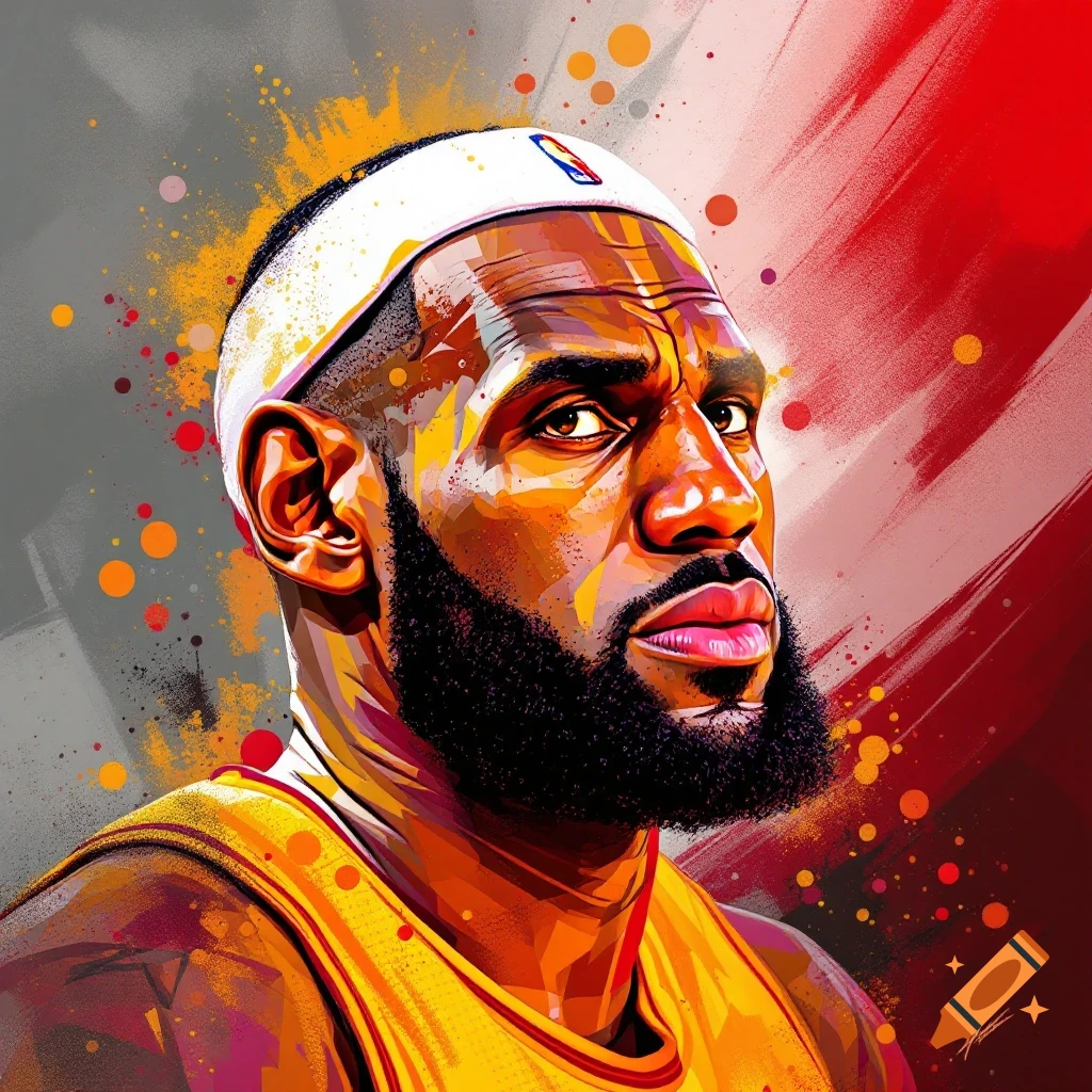 Artistic portrait of LeBron James wearing a headband and basketball jersey, with vibrant colors and paint splatters.