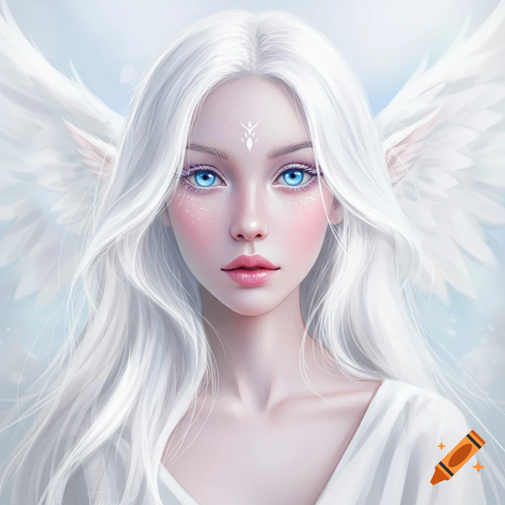 A fantasy woman with white hair, blue eyes, pointed ears, and wings.