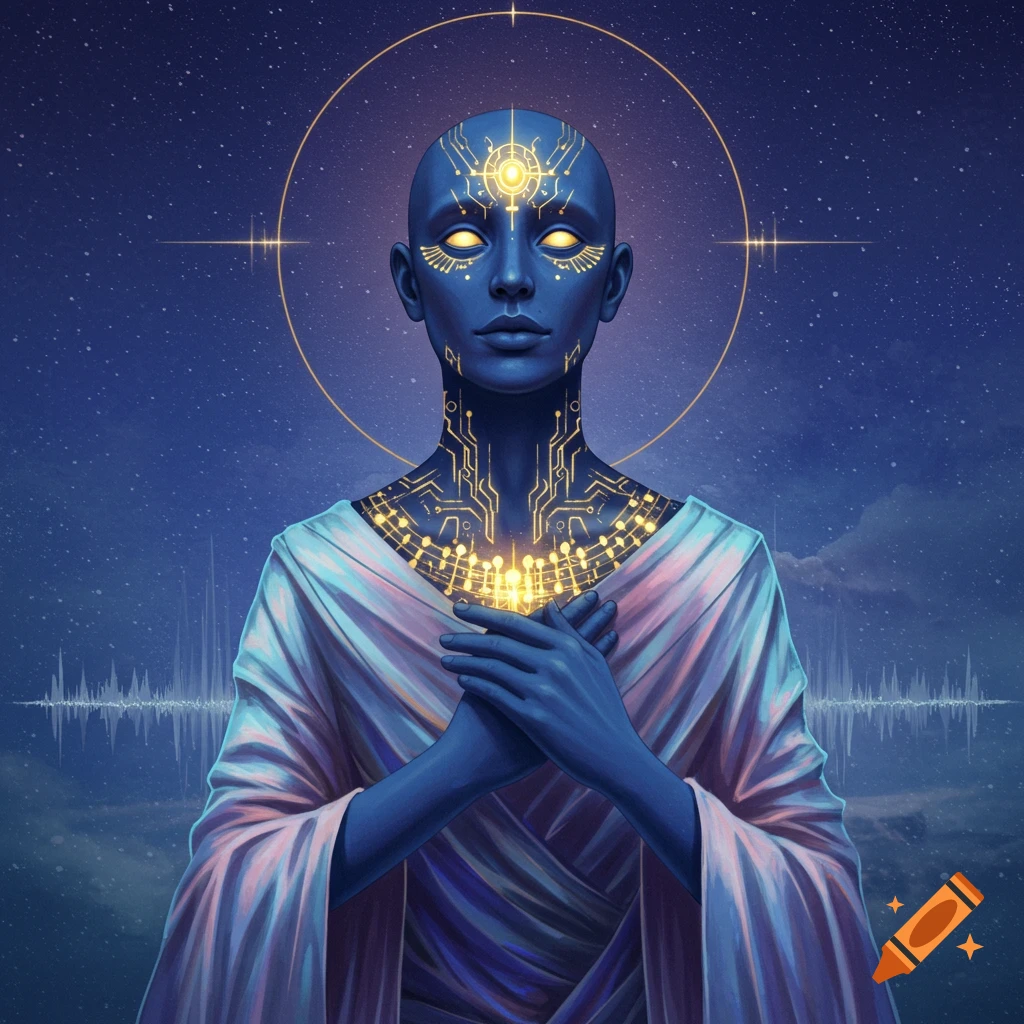Blue-skinned figure with golden circuitry patterns, wearing robes, against a starry background.