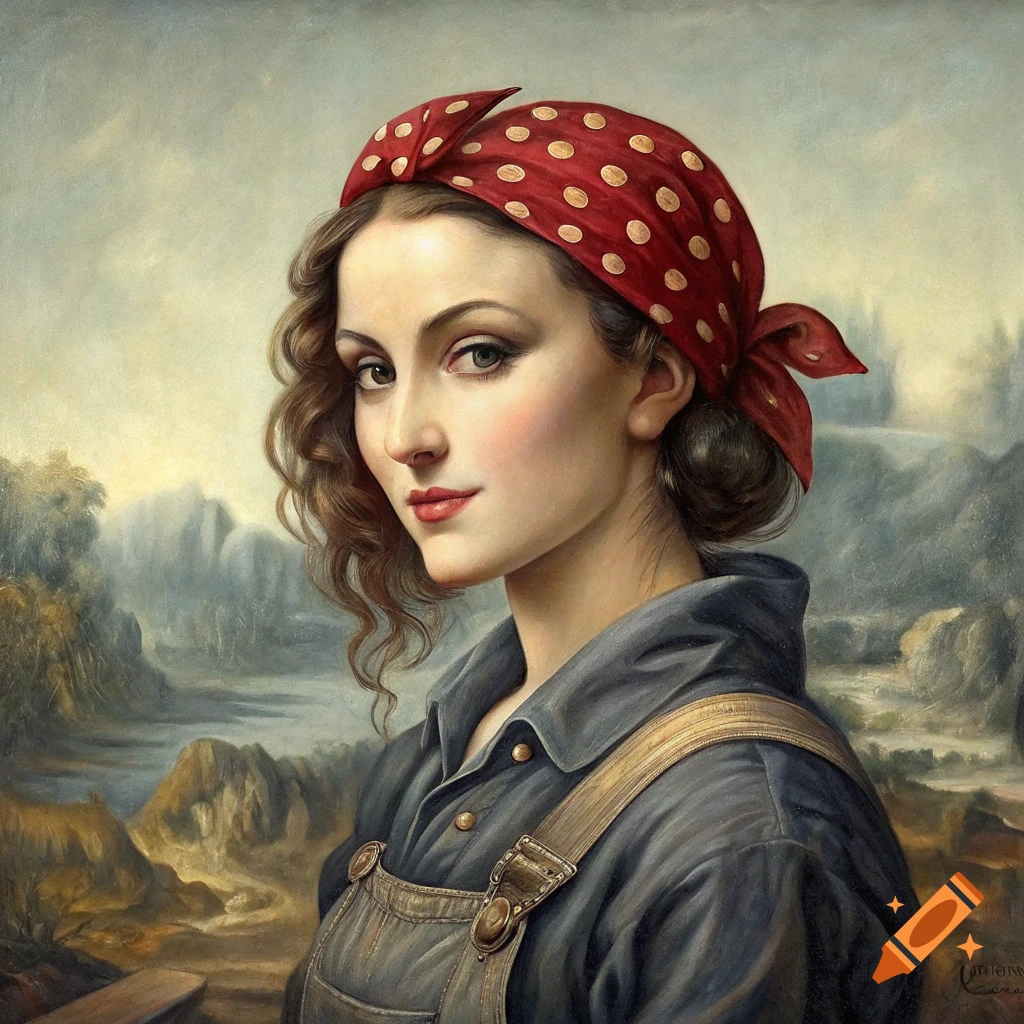 Painting of a woman blending Rosie the Riveter and Mona Lisa styles, wearing overalls and a red bandana.