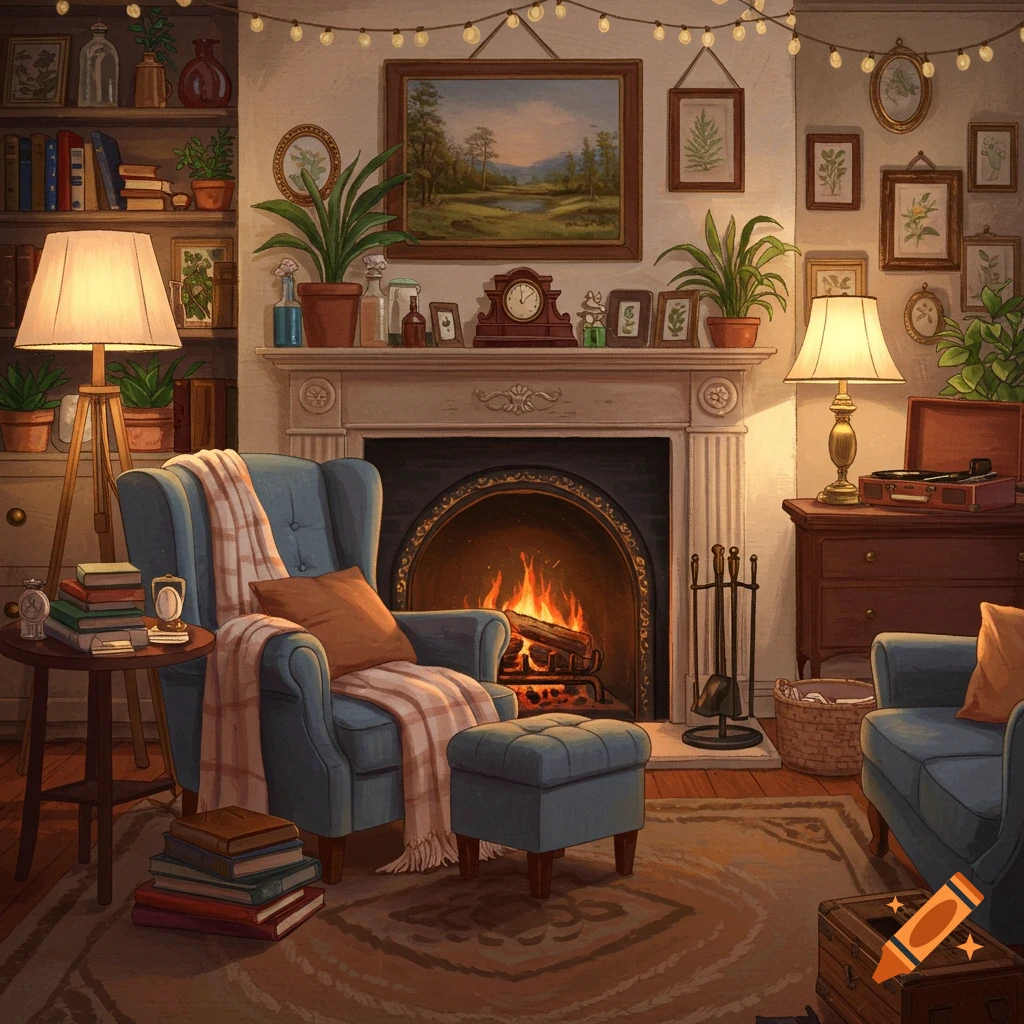 A cozy room with a fireplace, armchair, bookshelf, plants, and string lights.