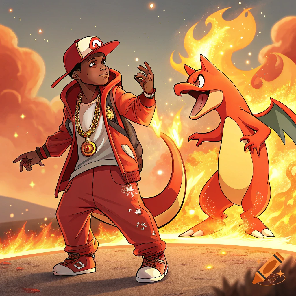 Boy in red streetwear with a fire creature resembling Charmeleon surrounded by flames, anime style.