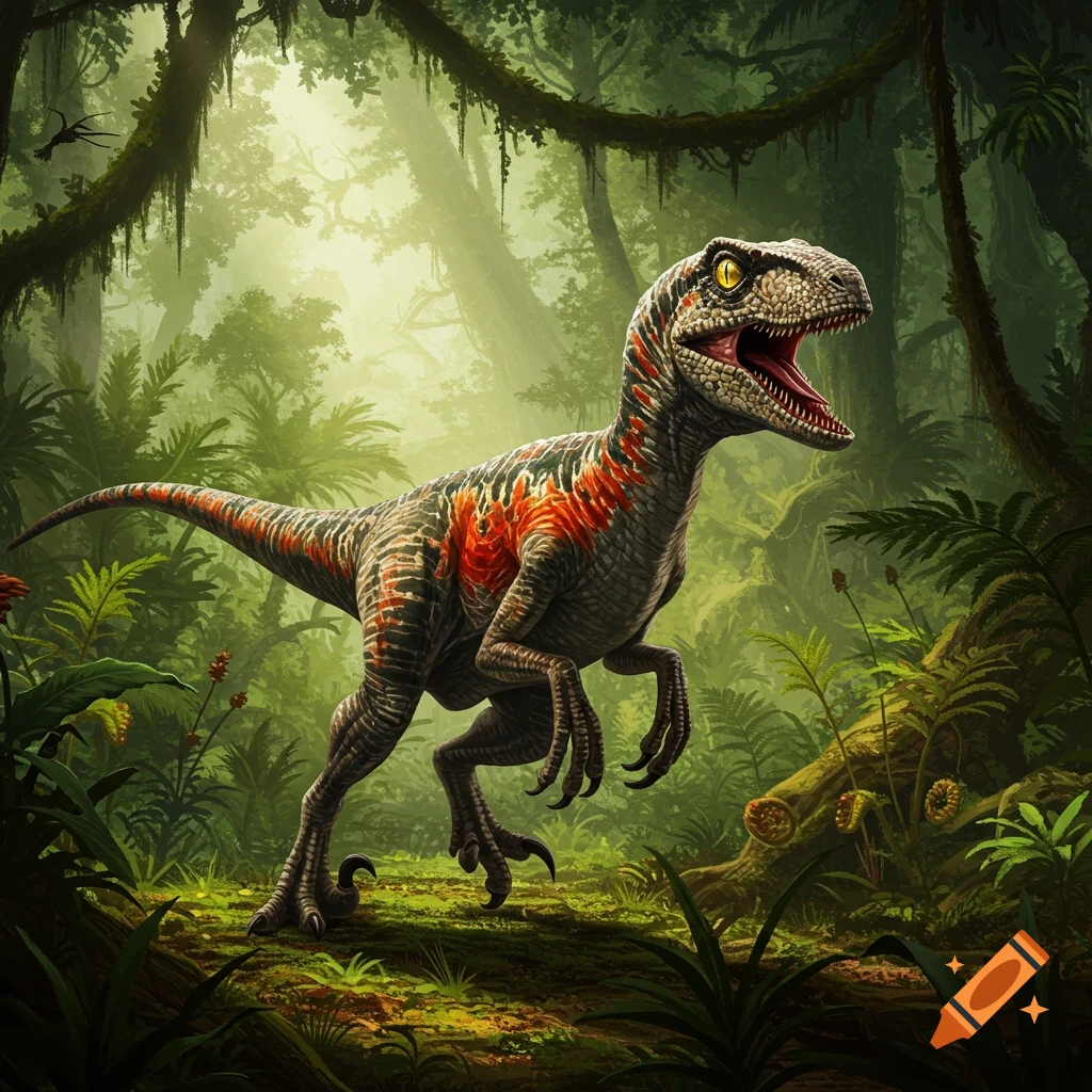A Velociraptor stands in a lush green jungle.