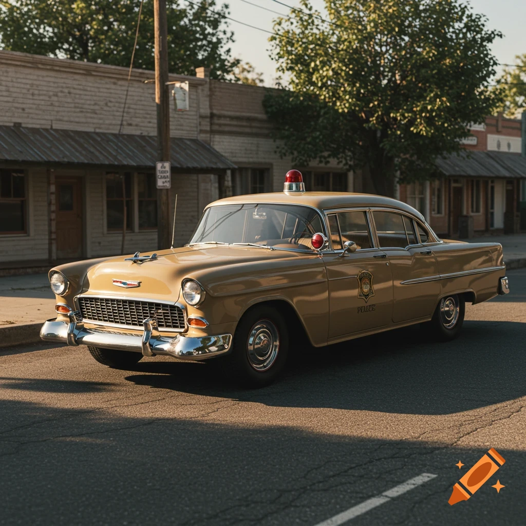 A photorealistic image of a tan 1955 Chevrolet police sedan parked on a street.