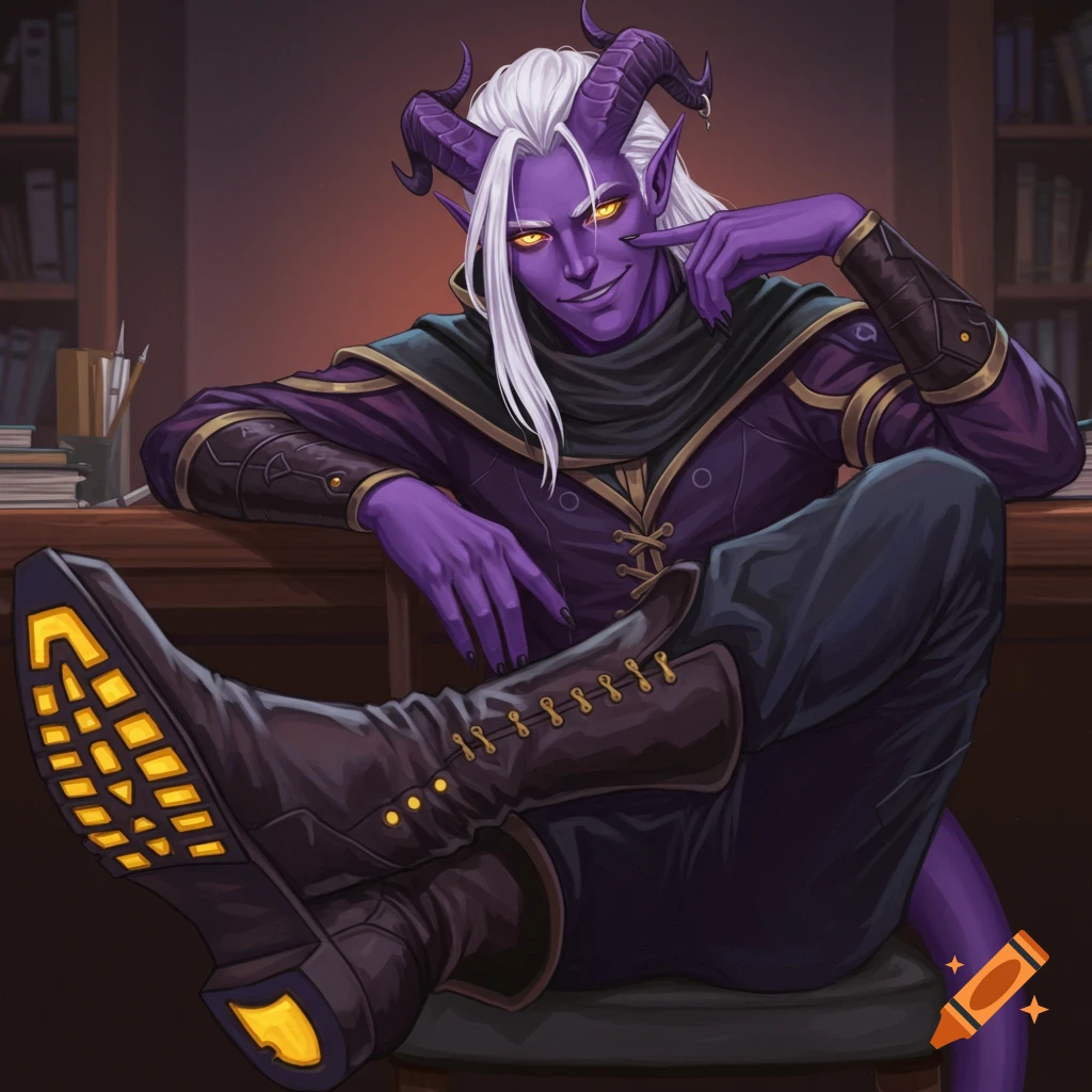A purple-skinned Tiefling with white hair and yellow eyes is sitting at a desk with his feet up.