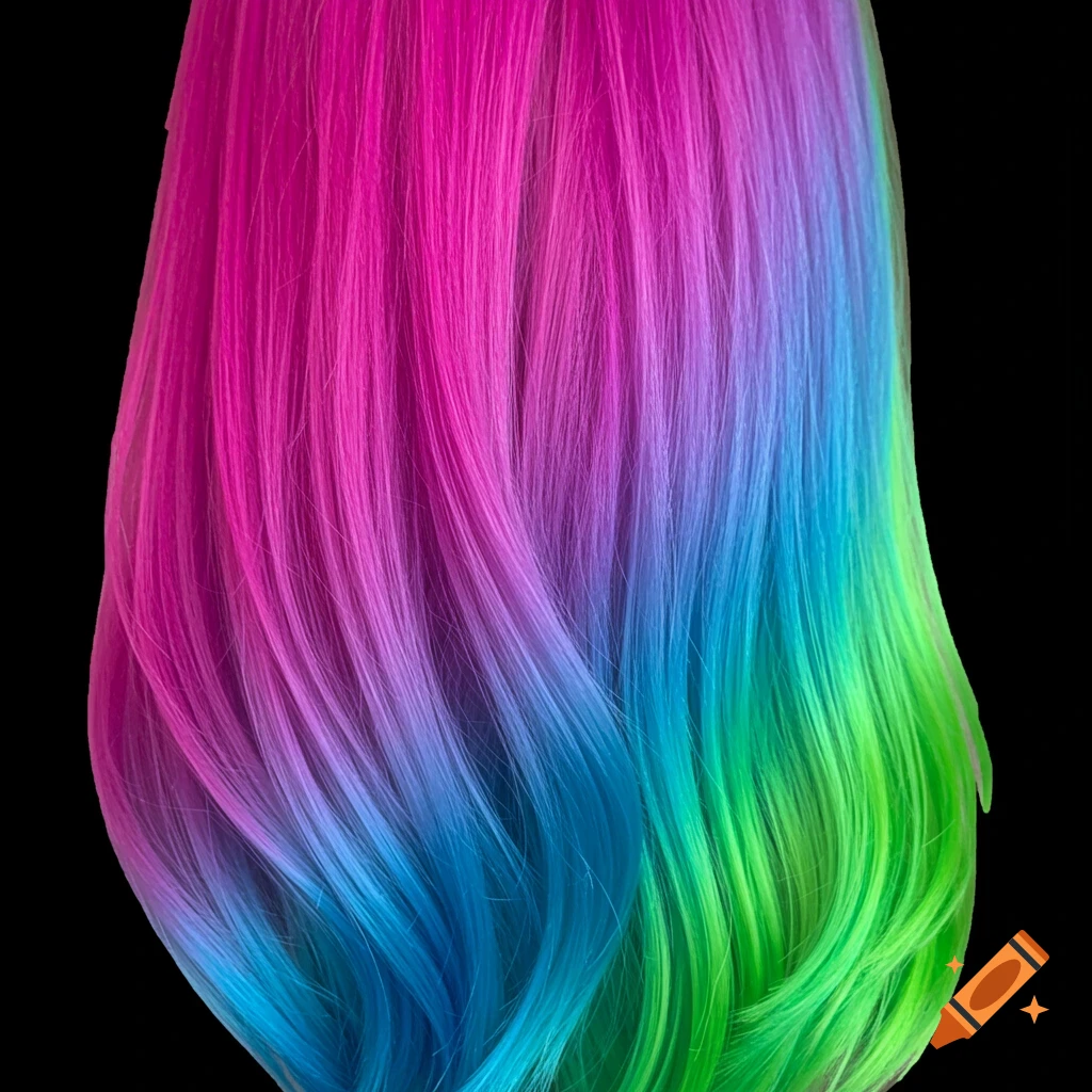 Vibrant pink, purple, blue, and green gradient hair melt against a black background.