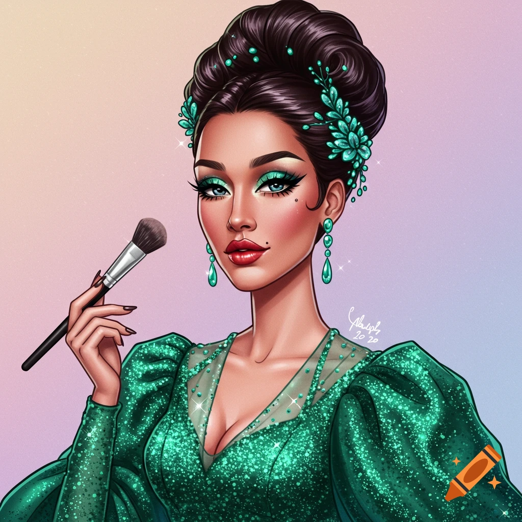 Digital illustration of a woman with dramatic makeup and sparkly green dress, holding a makeup brush.
