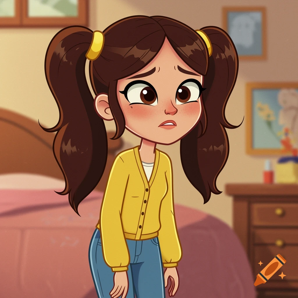 Cartoon girl with pigtails, yellow cardigan, and jeans looks sad and shocked in a bedroom.
