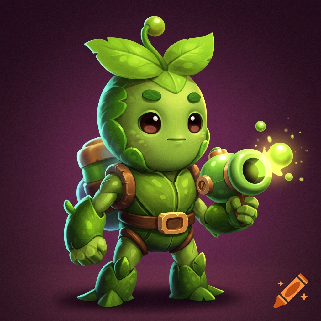 A cute green plant character from Brawl Stars holding a weapon