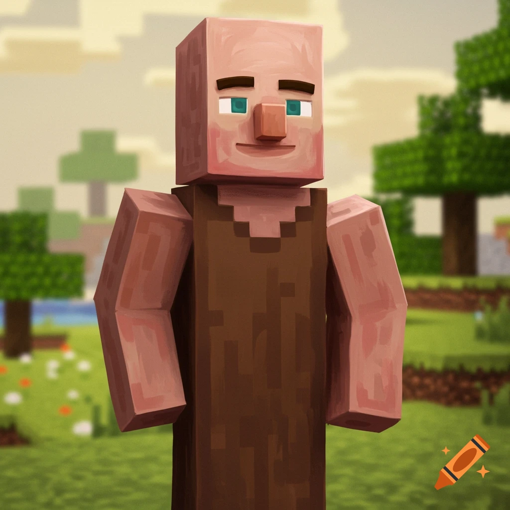A detailed image of a Minecraft villager standing in a blocky landscape.