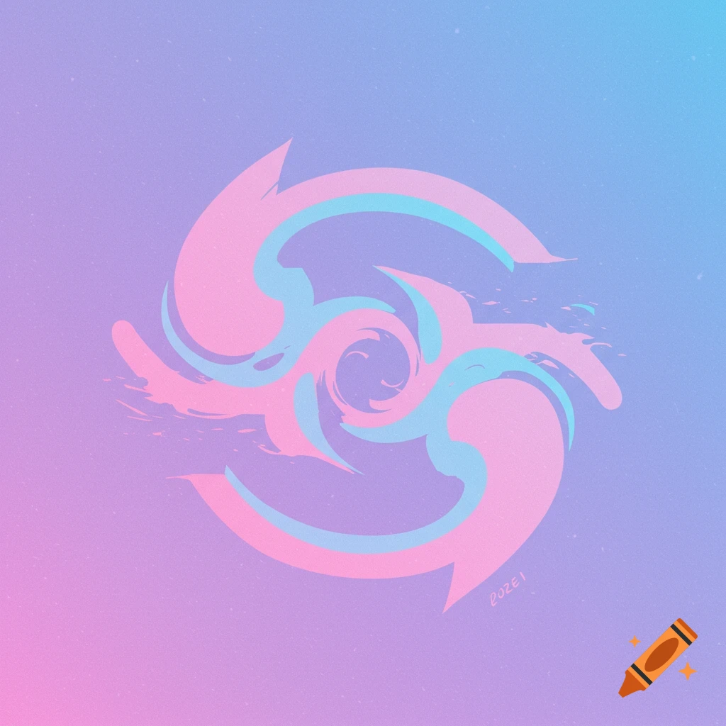 Abstract swirling pink and blue symbol on a gradient background with grainy texture.