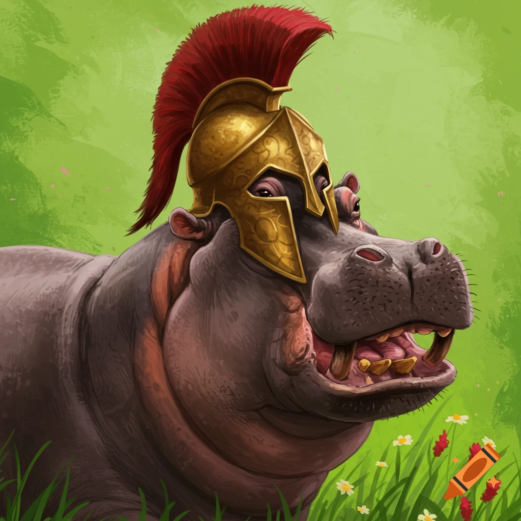 A hippo wearing a golden Spartan helmet stands in a field of grass and flowers.